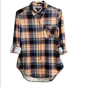 Tattoo Cottagecore Plaid Button Down Shirt Flannel Long Sleeve Orange Blue Small